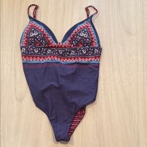 Boho Lace-Up One Piece Swimsuit | Red & Navy Print | Size M